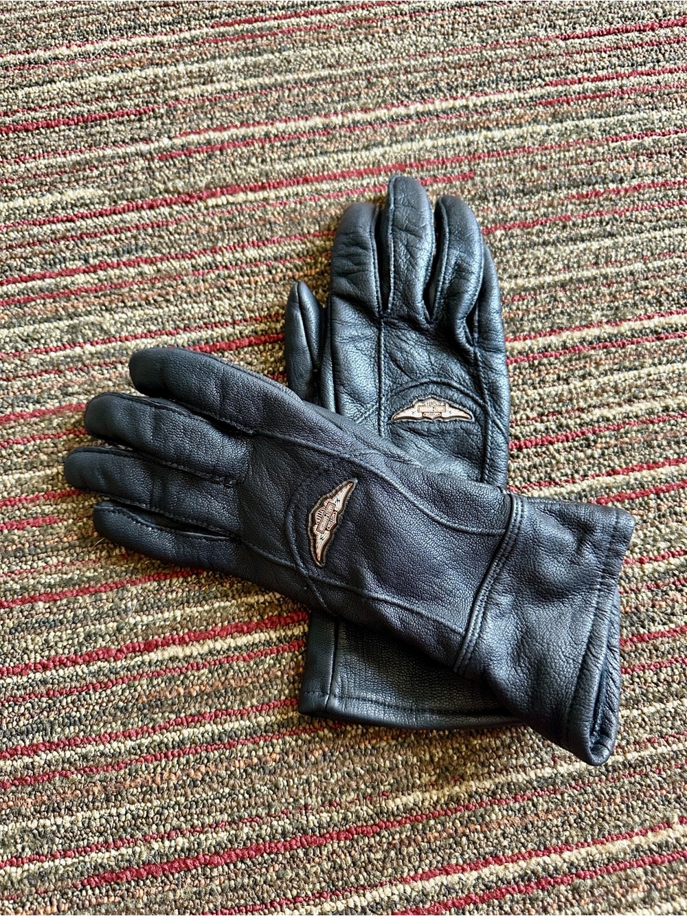 Harley-Davidson WOMENS Black Leather Riding Gloves with Tan Embroidered Logo - L